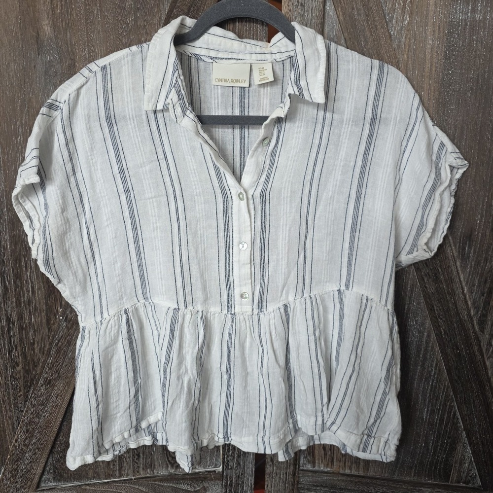 Cynthia Rowley Shirt Women's Size Medium White & Navy Stripes‎ Peplum Collared